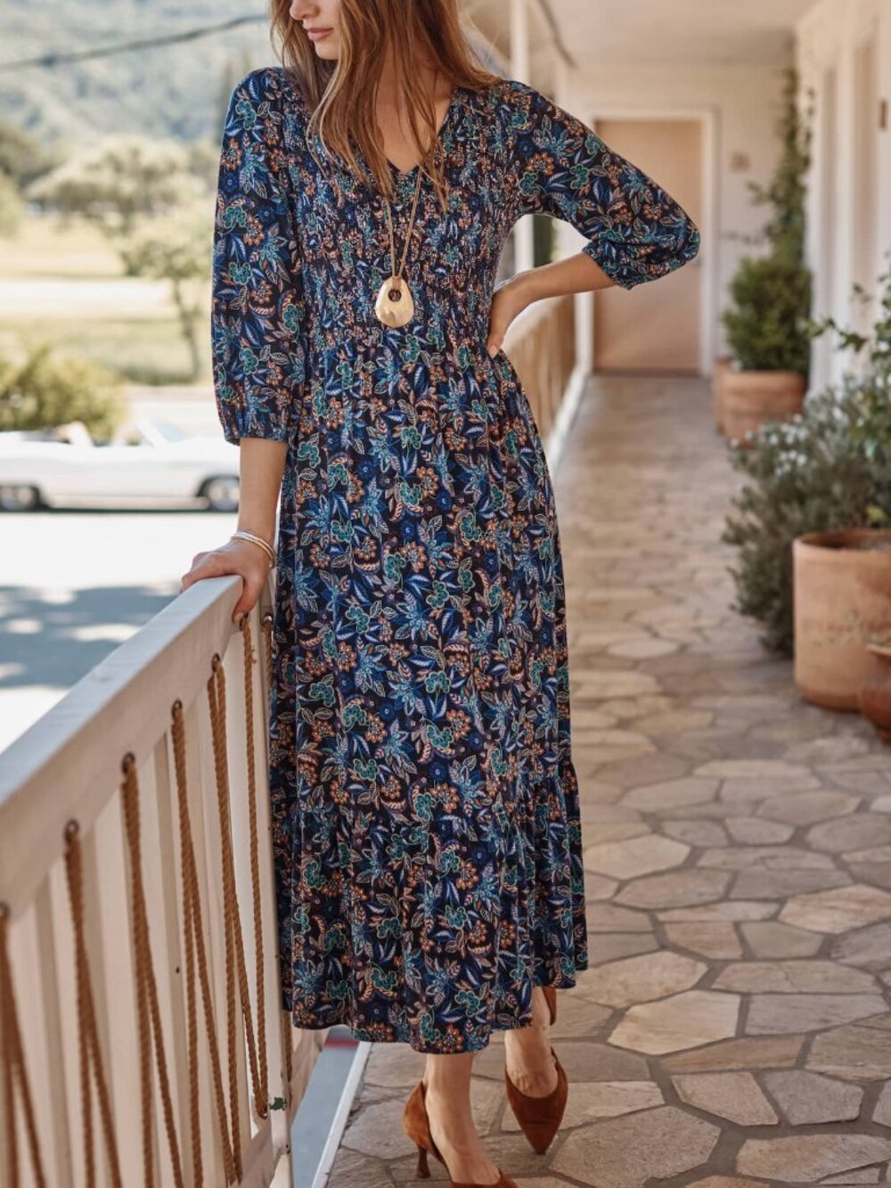 J. Jill NEW Tiered Flounced Hem Floral 3/4 sleeve Smocked Midi Dress sz Lp